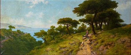 Giacinto Bo (Montanaro canavese 1832 - Torino 1912)  - Paesaggio ligure con pastorella