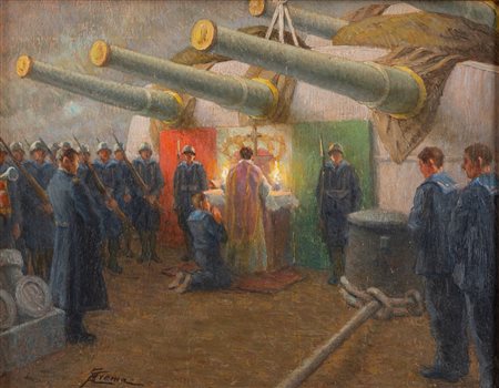 Giovan Battista Crema (Ferrara 1883 - Roma 1964)  - La messa a poppa (Regia Nave Giulio Cesare), 1941-42