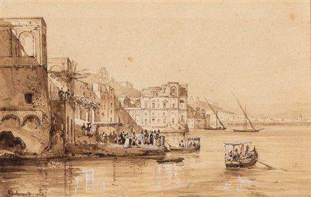 Giacinto Gigante (Napoli 1806 - 1876)  - Veduta di Napoli con Palazzo Donn’Anna, 1859