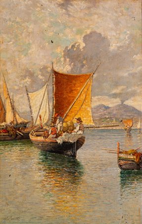 Giuseppe Carelli (Napoli 1858 - Portici 1921)  - Vele a Mergellina
