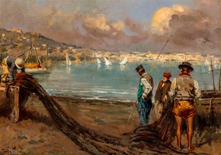 Giovanni Panza (Miseno 1894 - Napoli 1989)  - Pescatori sulla riva