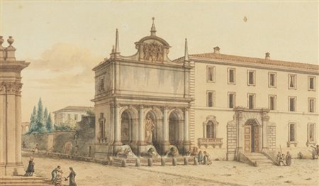 Victor Jean Nicolle "La Fontana dell'Acqua Felice a Roma" 
acquerello e china su
