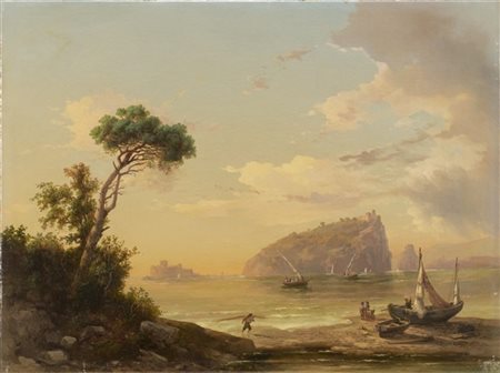 Emilio Donnini "Marina con barche e pescatori ad Ischia" 
olio su tela (cm 58x80