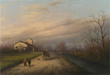 Giuseppe Canella "Paesaggio lombardo con naviglio e figure" 1846
olio su tela (c