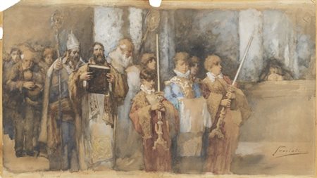 Gaetano Previati "La processione" 
acquerello su carta applicata a cartone (cm 3