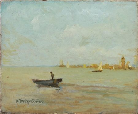 Pietro Fragiacomo "Barchino nella Laguna di Venezia" 
olio su tavoletta (cm 13x1