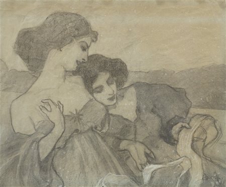 Leonardo Bistolfi "Le sorelle" 
tecnica mista su carta (cm 60x75)
firmato in bas