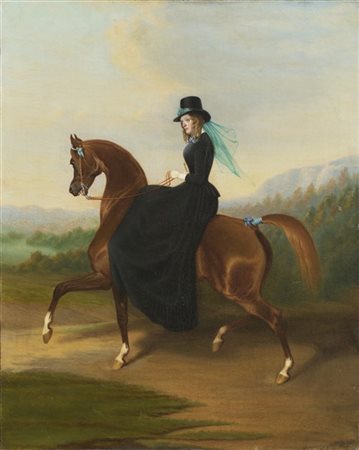 Scuola francese del secolo XIX

"Dama a cavallo" 
olio su tela (cm 81x64)
in co