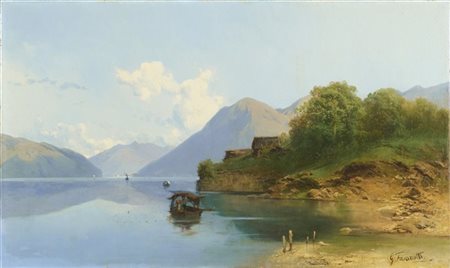 Gaetano Fasanotti "Veduta lacustre con scena di pesca" 
olio su tela (cm 59x100)