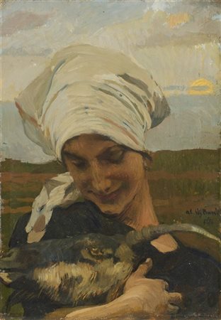 Ettore Tito "Contadina con capra" 
olio su tavola (cm 34x24)
firmato e dedicato