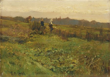 Lorenzo Delleani "Paesaggio piemontese con contadine" 1903
olio su tavola (cm 31