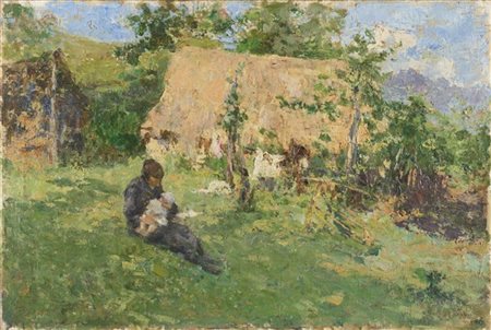 Leonardo Bazzaro "Casolare con contadina" 
olio su tela (cm 60x90)
in cornice (d