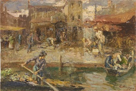 Leonardo Bazzaro "Pescheria a Chioggia" 
olio su tavola (cm 60x90)
firmato in ba