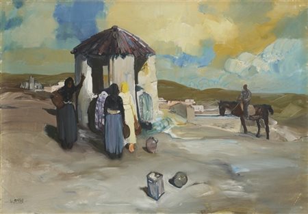 Giuseppe Biasi da Teulada "Donne al pozzo" 
olio su tela (cm 70x100)
firmato in