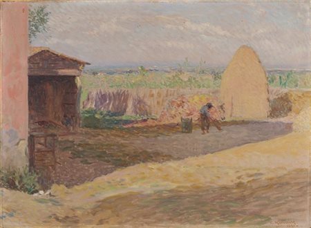 Giorgio Kienerk "Sull'aia (Famiglia)" Pavia, 1920
olio su cartone (cm 50x68,5)
f