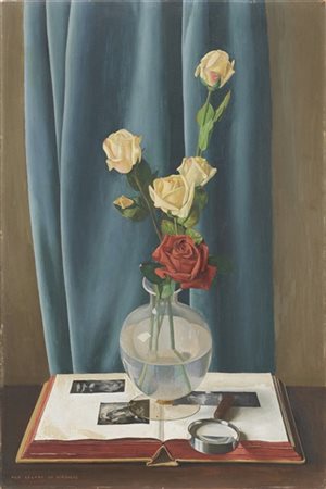 Ugo Celada da Virgilio "Composizione con vaso di rose, libro e lente" 
olio su c