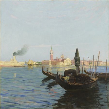 Vittore Zanetti Zilla "Venezia, Bacino di San Marco con gondole" 
olio su compen