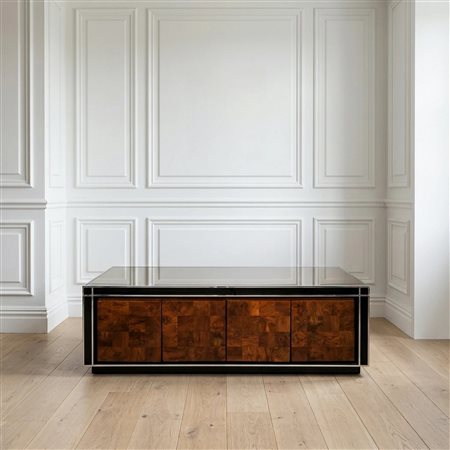 Willy Rizzo  per Mario Sabot - Sideboard in legno laccato e cromato, radica e vetro, Anni 70