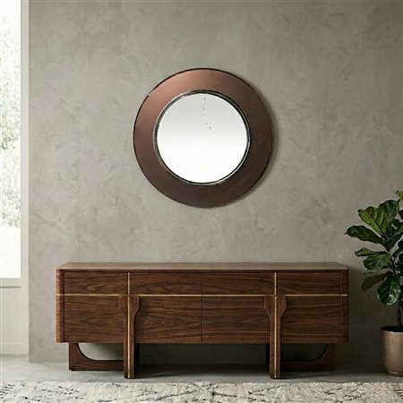 Max Ingrand per FontanaArte - Specchio circolare con cornice in vetro colorato curvato e molato e montatura in ottone nichelato, Anni 60