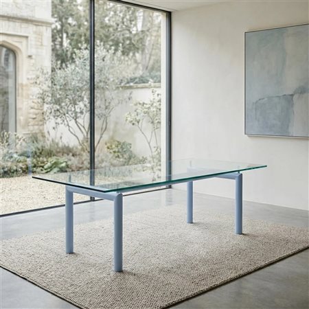 Cassina (1927)  - Tavolo LC6 con piano in cristallo e basamento e struttura in acciaio laccato celeste