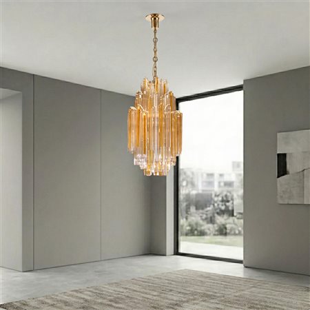 Venini - Lampadario in vetro di Murano Trilobo con poliedri trasparenti e arancioni, Anni 60