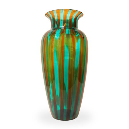VeArt - Vaso in vetro di Murano decorato a canne verdi e arancioni