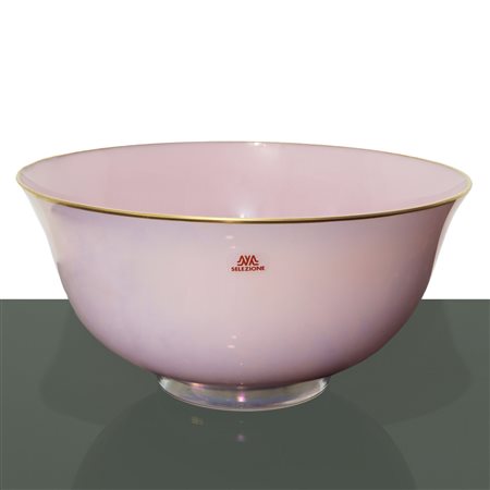 Carlo Moretti (1958)  - Ciotola in vetro di Murano opalescente rosa e bordo dorato, Anni 70