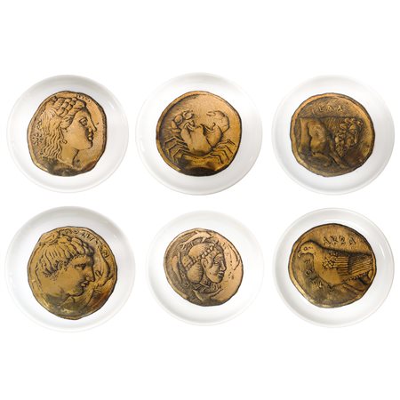 Piero Fornasetti - N 6 piattini ornamentali Fornasetti "Banca di Messina", 20th century