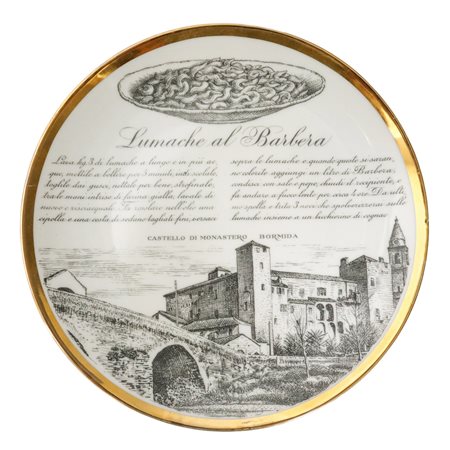 Piero Fornasetti - Piatto Fornasetti in porcellana bianca, collezione Specialità Torinesi: Lumache al Barbera, 20th century
