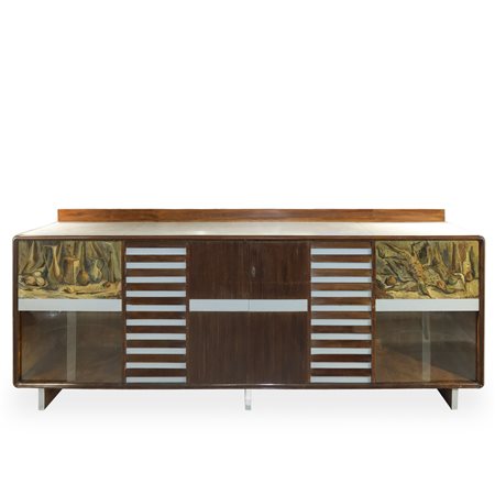 Sideboard con sportelli scanalati e sportelli a vetri con pannelli dipinti e firmati G.Crestani, Anni 60