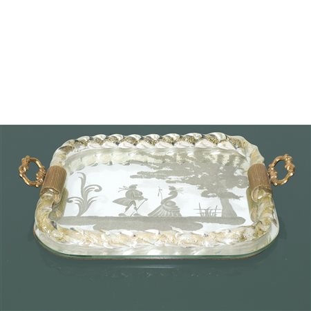 Vassoio in vetro inciso con cornice torchon in vetro di Murano e oro, Early 20th century