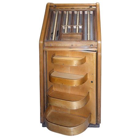 Espositore vintage da ottico in legno con due montature professionali di prova per optometristi, late 19th - early 20th century