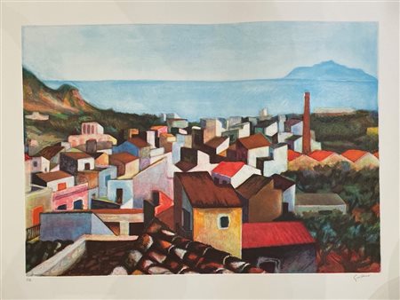Renato Guttuso (Bagheria, 26/12/1911 - Roma, 18/01/1987) 
"Tetti" 
Litografia a colori su carta Cm 64,5x86,5