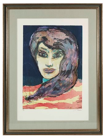Mino Maccari (Siena, 24/11/1898 - Roma, 16/06/1989) 
"Volto femminile" 
Litografia a colori su carta Cm lastra: 54x38