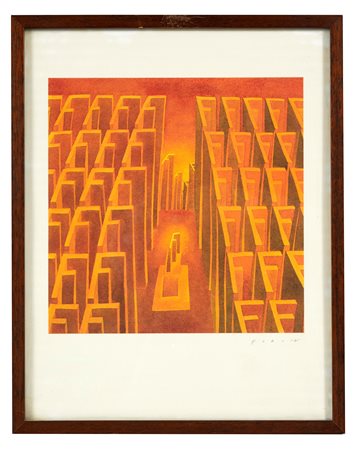 Jean-Michel Folon (Uccle, 1934 - Principato di Monaco, 2005) 
"Lettera F" 
Litografia a colori su carta Cm 30x23