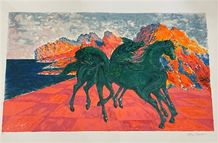 Aligi Sassu (Milano, 17/07/1912 - Pollença , 17/07/2000) 
"Cavalli" 
Litografia a colori su carta Cm 65x86