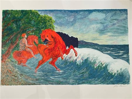 Aligi Sassu (Milano, 17/07/1912 - Pollença , 17/07/2000) 
"Cavalli in riva al mare" 
 Litografia a colori su carta Cm 70x100