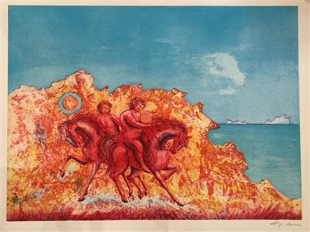 Aligi Sassu (Milano, 17/07/1912 - Pollença , 17/07/2000) 
"Cavalli e cavalieri" 
 Litografia a colori su carta Cm 65x87