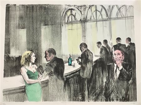 Alberto Sughi (Cesena , 05/10/1928 - Bologna, 31/03/2012) 
"Figure al bar" 
Litografia a colori su carta acquerellata a mano Cm 65x86