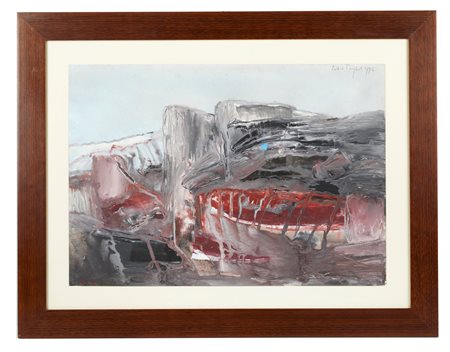 Lidia Puglioli (San Lazzaro di Savena , 1919 - Bologna, 2013) 
"Un paesaggio portuale della riviera adriatica" 1974
Tempera su cartoncino Cm 35x50