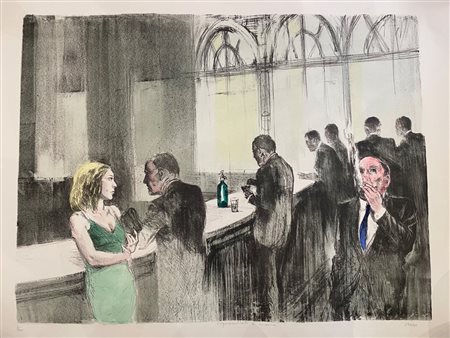 Alberto Sughi (Cesena , 05/10/1928 - Bologna, 31/03/2012) 
"Figure al bar" 
Litografia a colori su carta acquerellata a mano Cm 65x86