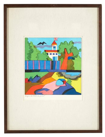 Ugo Nespolo (Mosso, 29/08/1941 - ) 
"Per gioco una dimora per giocare" 
Fotolitografia a colori su carta Cm 19x19