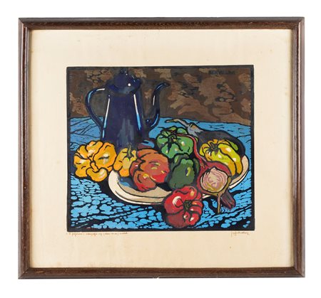 Luigi Servolini (Livorno, 10/03/1906 - Livorno, 21/09/1981) 
"I peperoni" 
Xilografia a colori su carta Cm 55x60