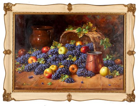 Alfio Paolo Graziani (Roncoferraro, 29 ottobre 1900 - Gavirate, 28 novembre 1981) 
"Uva e mele" 
Olio su tela Cm 70x100