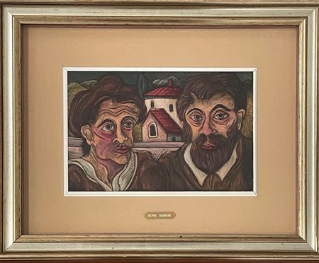 Giuseppe Serafini (Montelupo Fiorentino, 1915 - Montelupo Fiorentino, 1987) 
"Figure" 
Inchiostri tipografici su cartone inciso  Cm 20x30