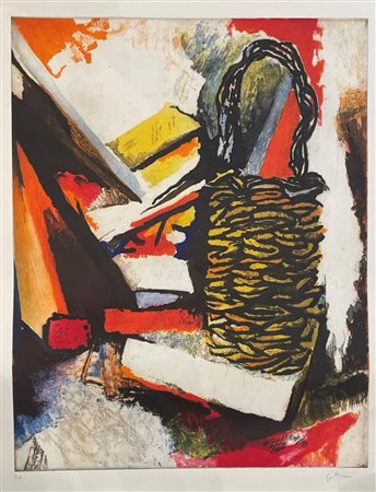 Renato Guttuso (Bagheria, 26/12/1911 - Roma, 18/01/1987) 
"Natura morta con cesto" 
Litografia a colori su carta Cm 85x68,5