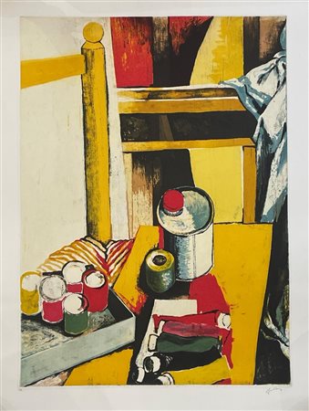 Renato Guttuso (Bagheria, 26/12/1911 - Roma, 18/01/1987) 
"Barattoli" 
Litografia a colori su carta. Cm 83,5x68,5