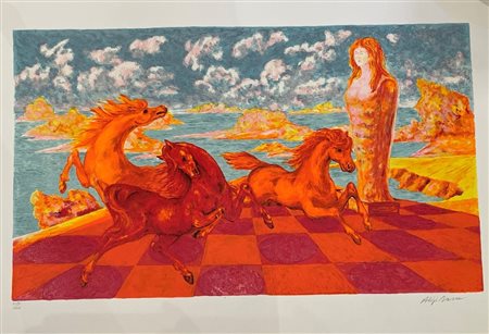 Aligi Sassu (Milano, 17/07/1912 - Pollença , 17/07/2000) 
"Cavalli su scacchiera" 
Litografia a colori su carta Cm 70x100