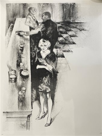Alberto Sughi (Cesena , 05/10/1928 - Bologna, 31/03/2012) 
"Figure al bar" 
Litografia a colori su carta Cm 100x70