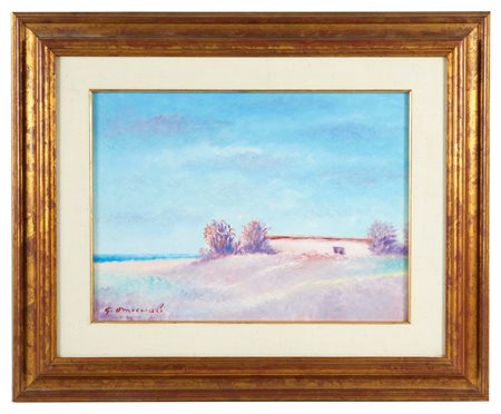 Giovanni Omiccioli (Roma, 1901 - Roma, 1975) 
"Capanna a Fregene" 
Olio su cartone Cm 36,5x49